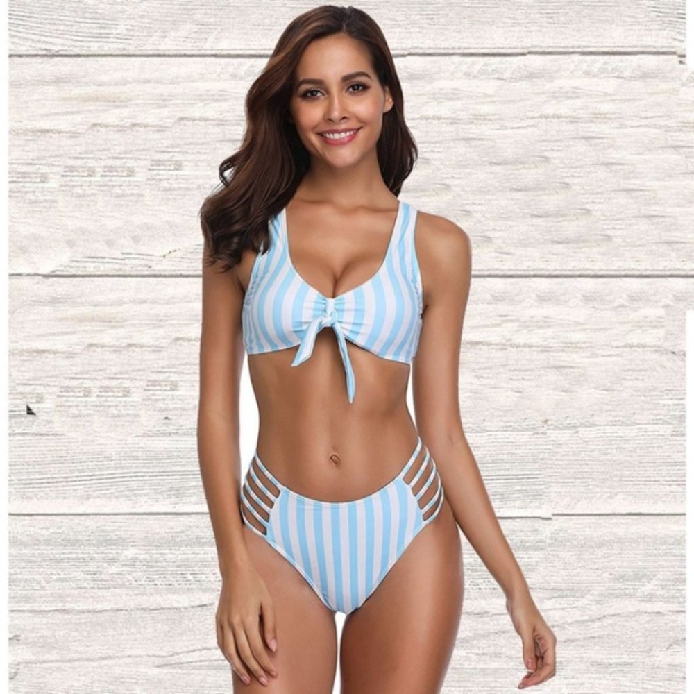 BLUE STIPE MOCK FRONT TIE TWO PIECE SWIMSUIT